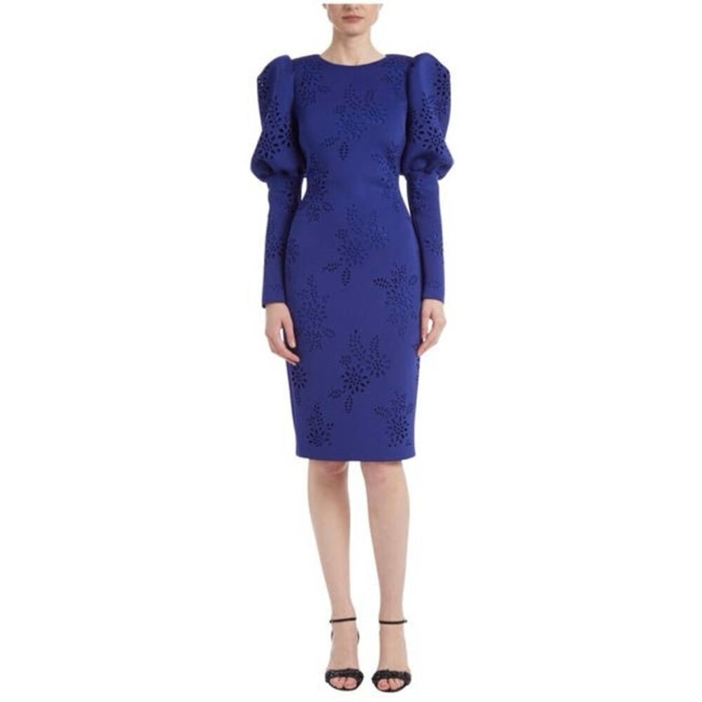 Badgley Mischka Laser Cut Puff Sleeve Cocktail Dress